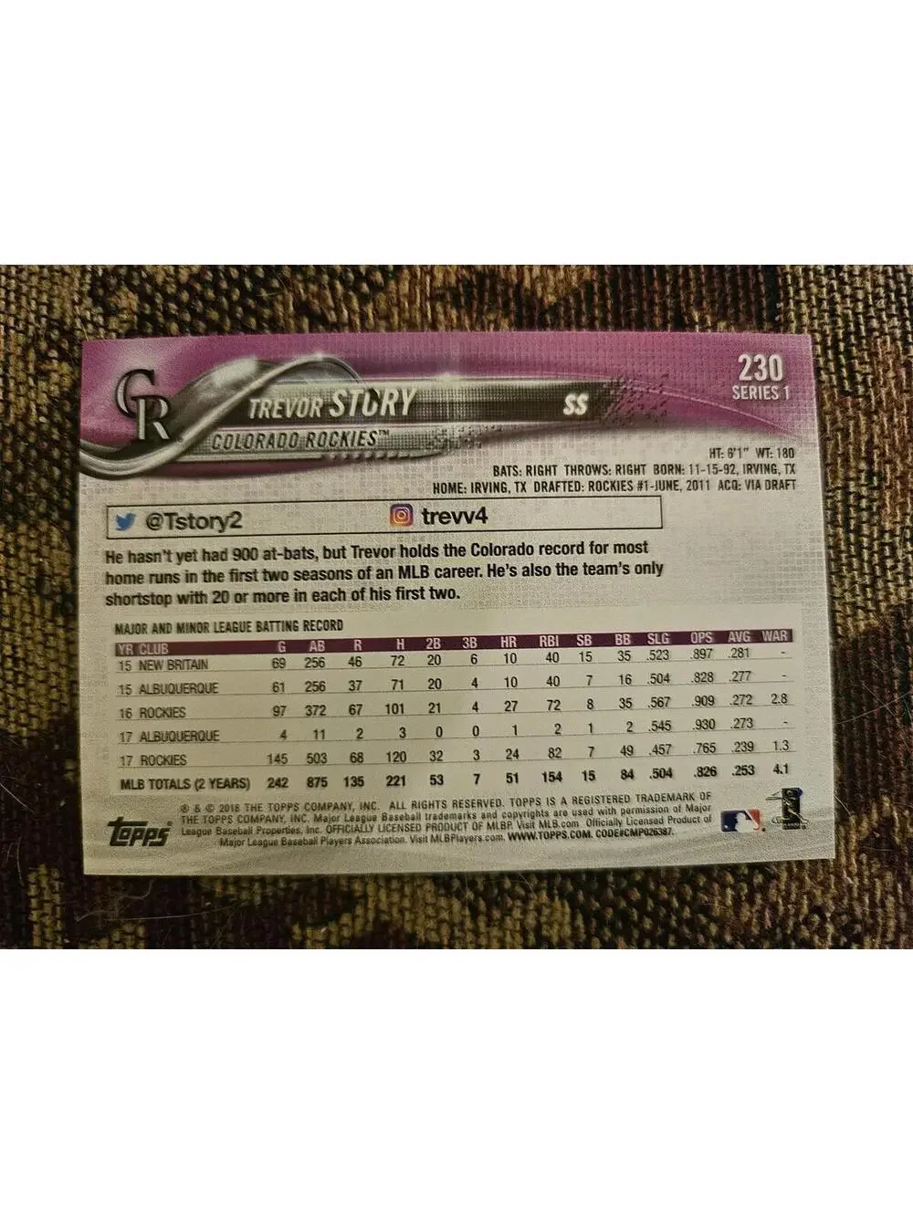 Trevor Story - 2018 Topps #230 - Rockies - RAW Mint